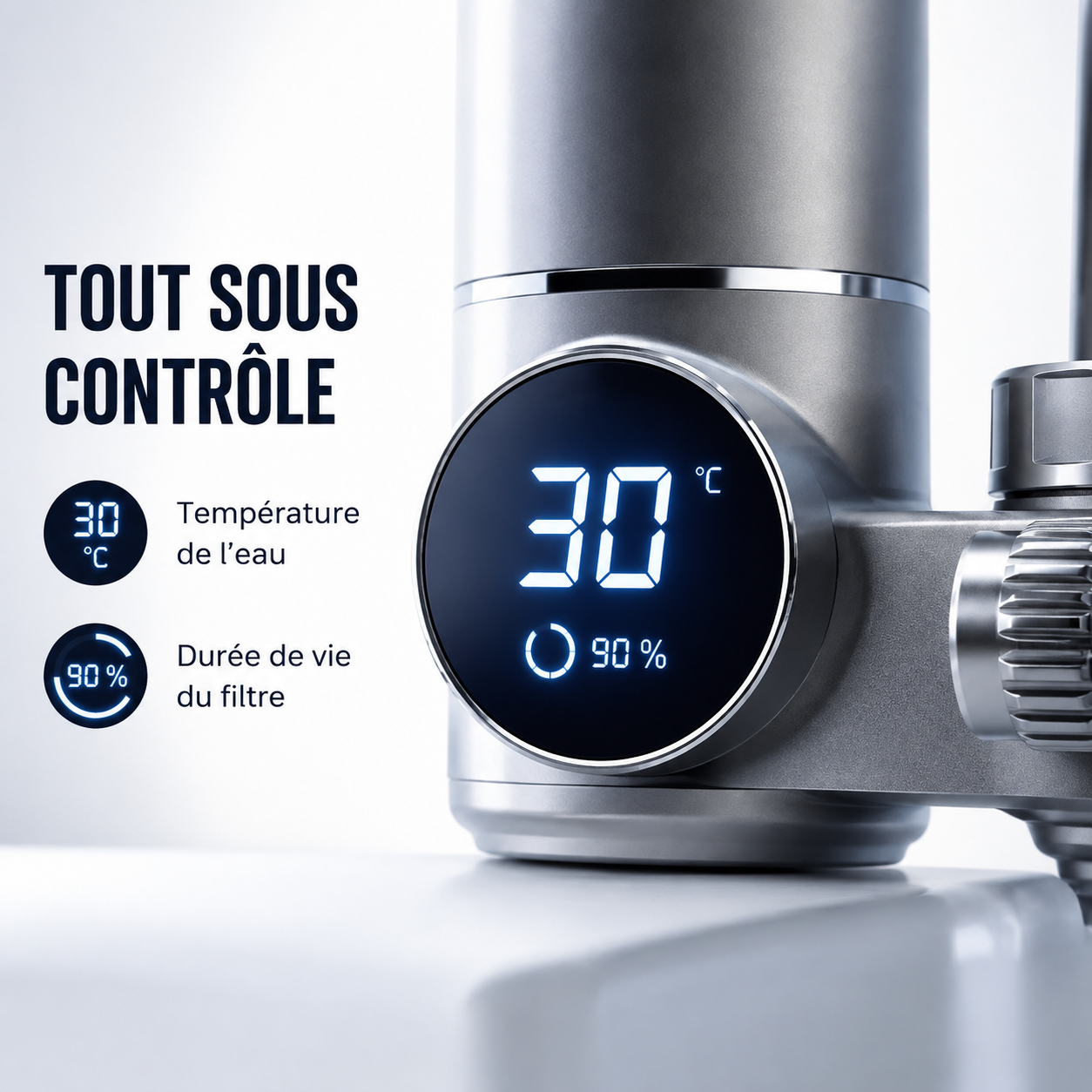 Écran LED affichant la température de l'eau et la durée de vie du filtre
