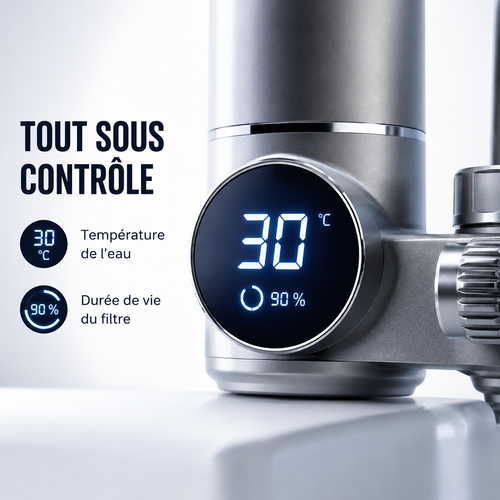 Écran LED affichant la température de l'eau et la durée de vie du filtre