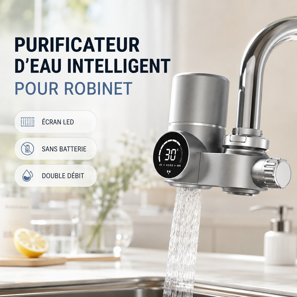 Purificateur d'eau intelligent pour robinet avec écran LED, installé sur un robinet de cuisine