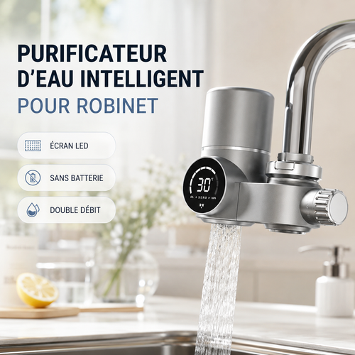 Purificateur d'eau intelligent pour robinet avec écran LED, installé sur un robinet de cuisine