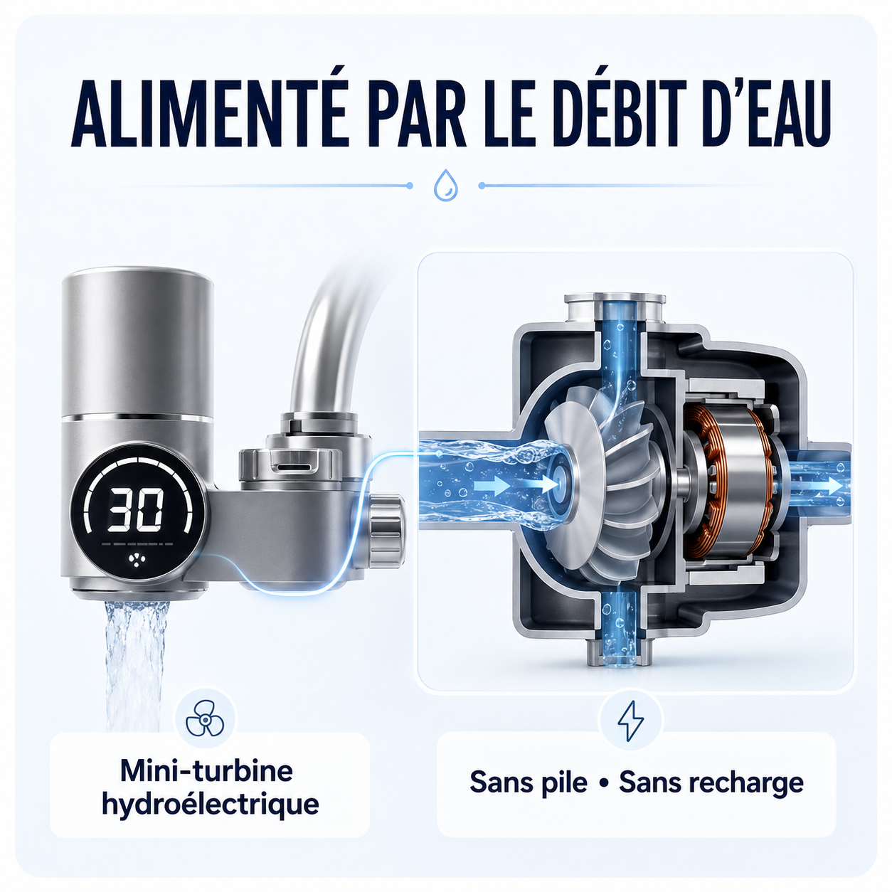 Alimentation par mini-turbine hydroélectrique, sans pile ni recharge