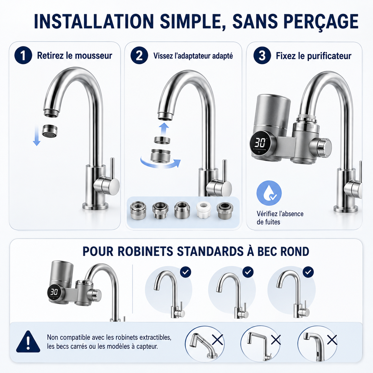 Installation en trois étapes sans perçage avec adaptateurs pour robinets à bec rond