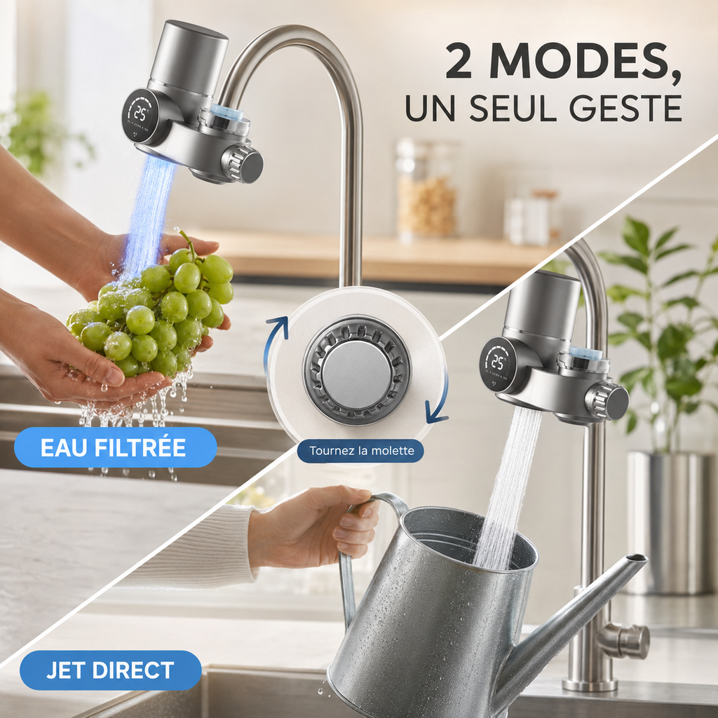 Deux modes au choix : eau filtrée ou jet direct, sélectionnables à la molette